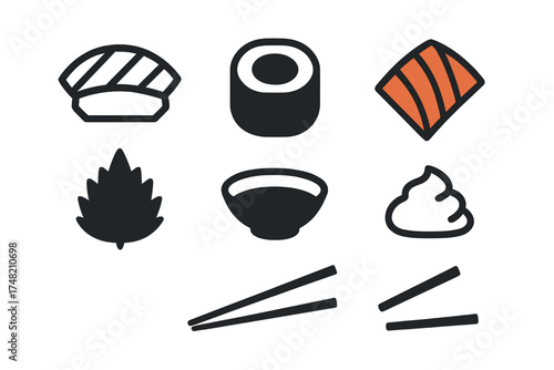 Minimalist Japanese sushi and cuisine elements including nigiri, maki roll, and chopsticks