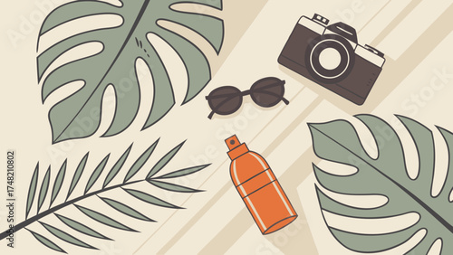 Tropical Vacation Elements Flat Lay Illustration.