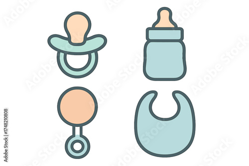 Essential newborn accessories set with pacifier, baby bottle, rattle, and bib in pastel colors