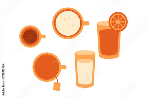 Assortment of hot and cold beverages in cups and glasses, top-down view