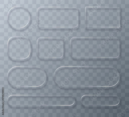 Set of modern transparent frame elements in a liquid glass style for user interfaces. Frames and buttons in a glass morphism style. Vector 3d illustration.