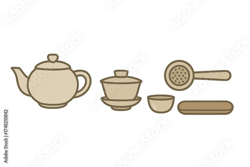 Traditional Asian tea brewing equipment set including teapot gaiwan and strainer
