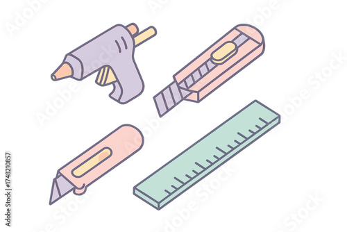 Isometric set of crafting and hobby tools including hot glue gun, box cutters, and measuring ruler