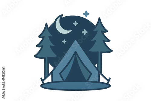 Stylized nighttime camping scene featuring a tent, pine trees, crescent moon, and stars