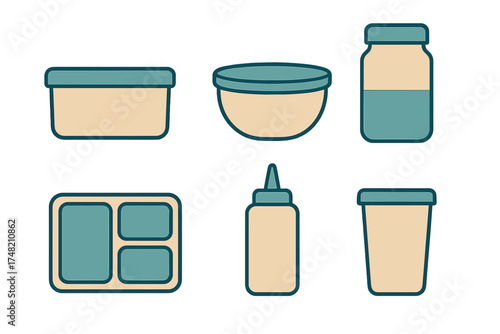 Set of reusable food storage containers including a lunch box, bowl, jar, and squeeze bottle