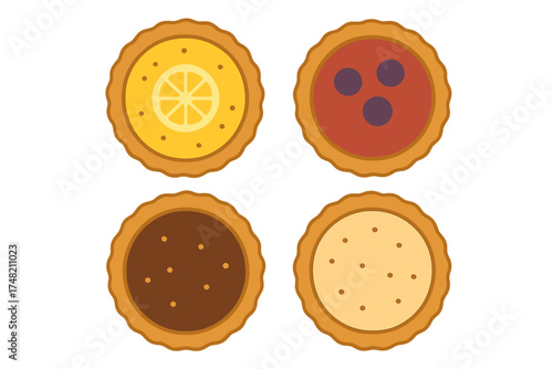 Assortment of four sweet dessert tarts with lemon, berry, chocolate, and vanilla fillings