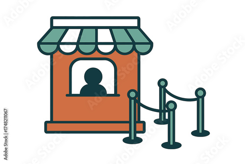 Ticket booth kiosk with attendant and velvet rope queue barriers for entry control