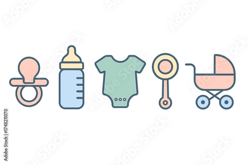Essential newborn care items including pacifier feeding bottle bodysuit rattle and pram