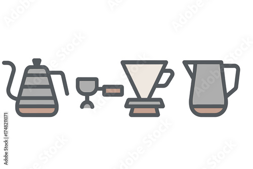 Manual coffee brewing equipment collection featuring kettle, dripper, and server