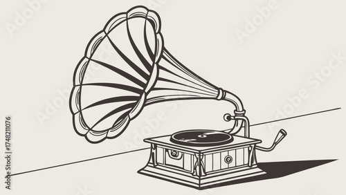 Vintage Gramophone Illustration on Beige Background.