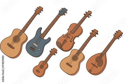 Assortment of string instruments: acoustic guitar, bass, violin, ukulele, and mandolin