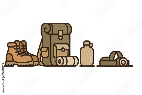 Hiking boots, large backpack, sleeping pad, and canteen set for outdoor adventure