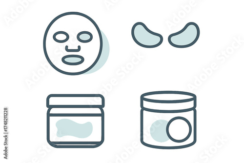 Skincare routine items including facial sheet mask, under eye gel patches, and cosmetic cream jars