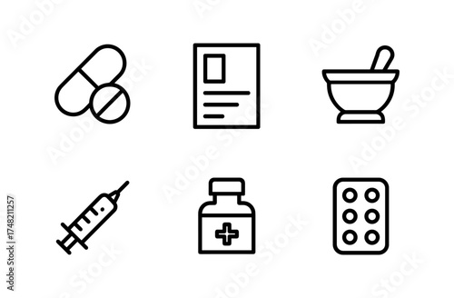 Essential medical icons set: pills, prescription, syringe, and vial in linear design