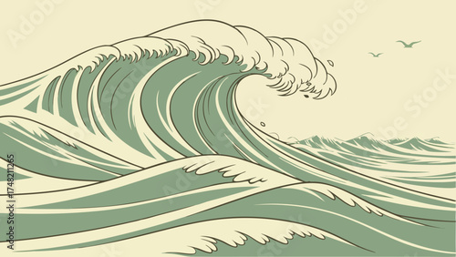 Waves in a Japanese Style Vector Illustration Sea and Ocean Background Vector Sea Waves.