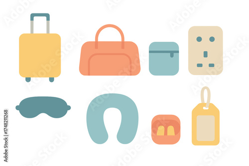 Colorful set of travel essentials including luggage, sleep mask, neck pillow, and power adapter