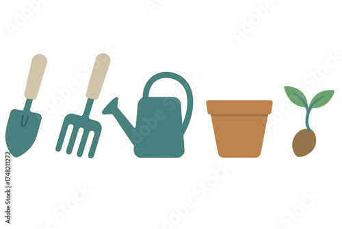 Set of essential gardening tools and equipment including trowel fork watering can and plant sprout