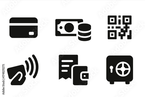 Set of essential glyph symbols for financial transactions and payment methods