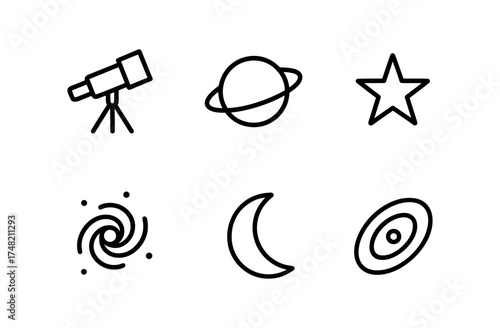 Linear astronomy icons: telescope, planets, star, galaxy, moon