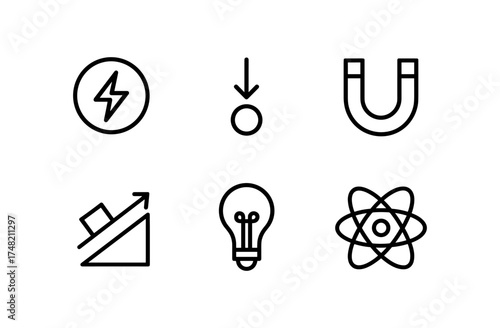 Minimalist linear science icons set featuring electricity, magnetism, and physics concepts