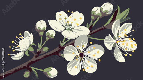 White Cherry Blossom Branch Illustration on Dark Background.