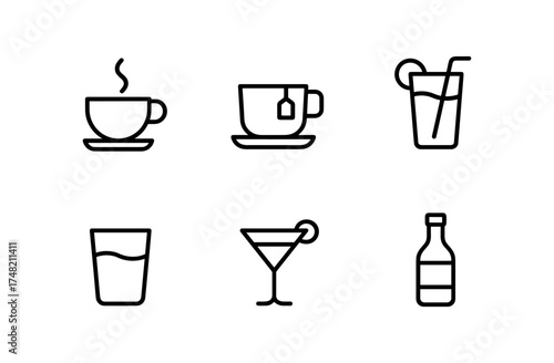 Minimalistic beverage icons set: coffee, tea, juice, water, cocktail, bottle