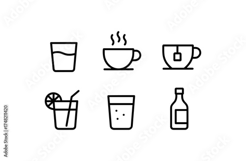 Minimalist beverage icons set featuring tea, coffee, and juice in linear style