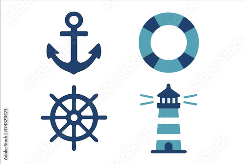 Collection of marine and nautical symbols including anchor, lifebuoy, ship wheel, and lighthouse