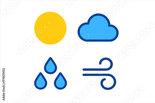 Basic weather forecast symbols set showing sun, cloud, rain, and wind in a modern flat style