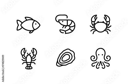Simple linear icons of sea creatures including fish, shrimp, crab, lobster, oyster, and octopus