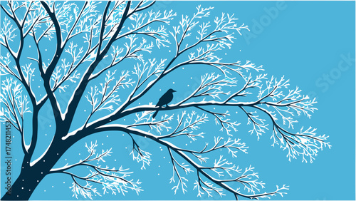 Winter Silhouette with Bird Perched on Snowy Branches.