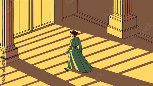 Woman in a long dress walking through the sunlit building flat illustration.