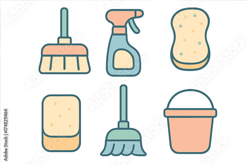 Collection of household cleaning tools and equipment including broom, spray bottle, sponges, and bucket