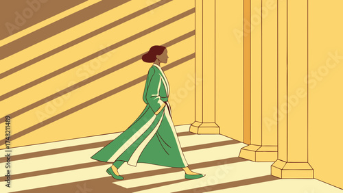 Woman in Green Dress Walking Minimalist Illustration.