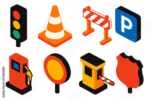 Isometric road signs, traffic control elements, and urban infrastructure symbols