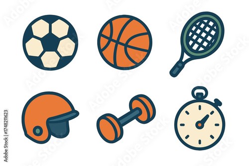Collection of essential sports and fitness equipment including balls, racket, protective gear, weights, and timer