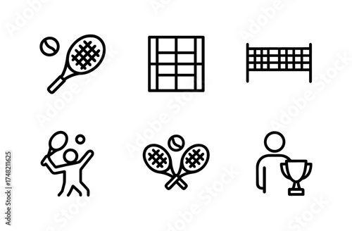 Minimalist tennis icons set with racket, court, and player elements