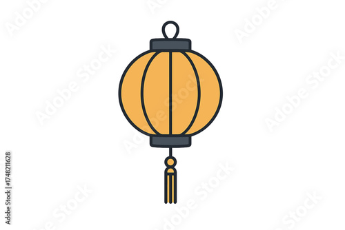 Traditional orange Chinese paper lantern with dark accents and tassel detail on white background