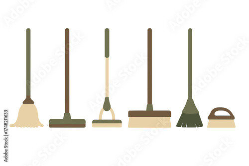 Collection of cleaning supplies and equipment including mops, brooms, scrub brushes, and squeegees