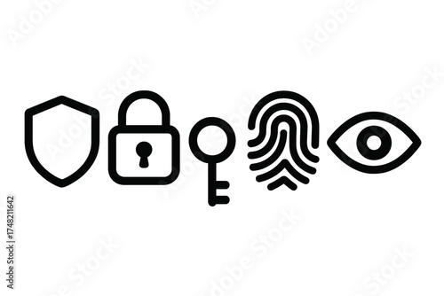 Essential security and privacy icons set featuring shield, lock, key, fingerprint, and eye symbols