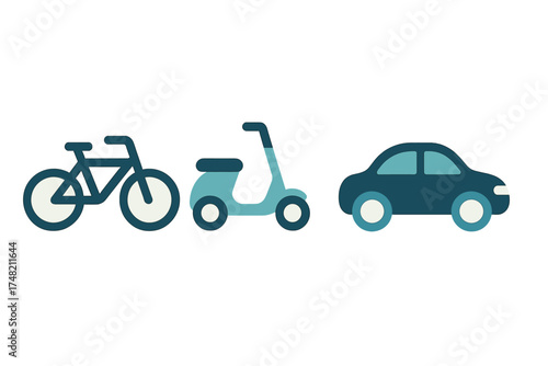 Set of icons showing bicycle, motor scooter, and car for urban transportation