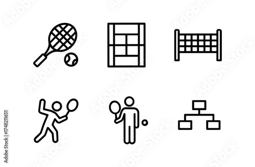 Linear sports icons featuring tennis equipment and court elements