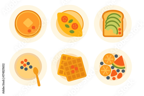 Variety of healthy and sweet breakfast dishes including waffles, pancakes, fruit, and savory toast