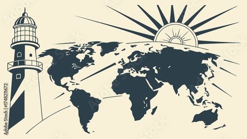 World Map with Lighthouse and Rising Sun Graphic.