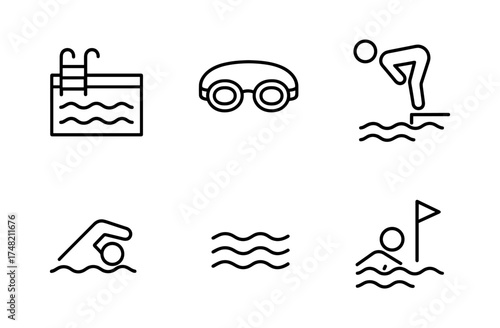 Minimalist swimming icons: pool, goggles, swimmer, waves, flag, simple line art