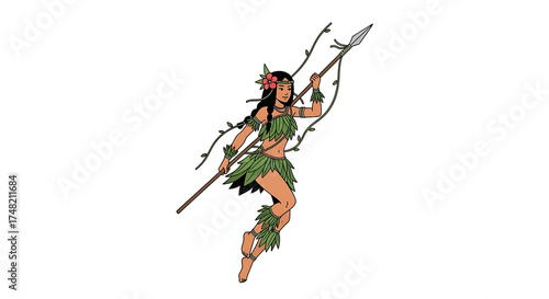 Fierce female jungle warrior or nature spirit in a dynamic leaping pose