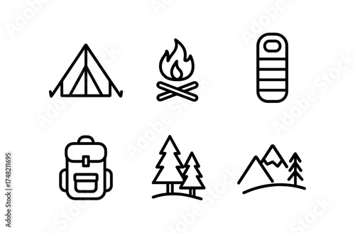 Minimalist camping icons: tent, campfire, sleeping bag, backpack, trees, mountains