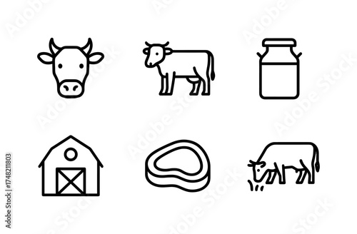Farm icons set with cow, barn, and milk in minimalist linear style