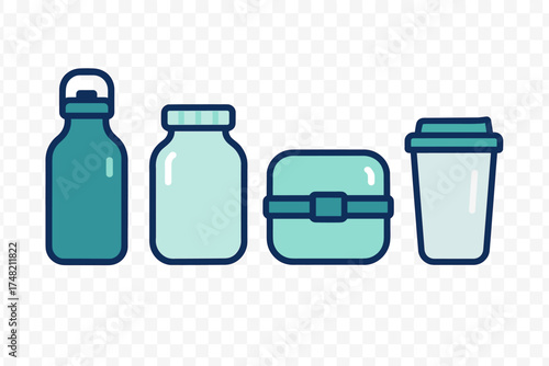 Set of reusable water bottle jar lunch box and coffee cup for sustainable living