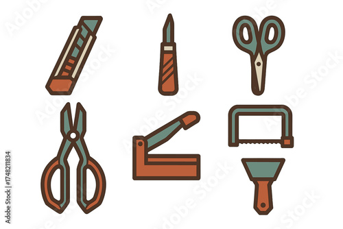 Set of flat style icons depicting essential cutting tools and workshop equipment for DIY projects
